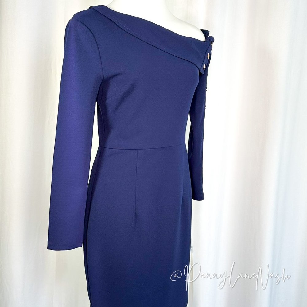NWT Lumier by Bariano Asymmetric Gold Button Cocktail Dress Navy - Picture 10 of 12
